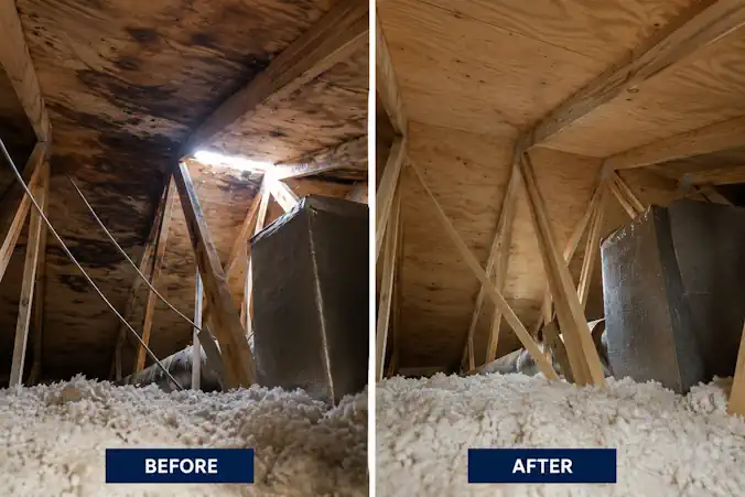 Before and after comparison of attic roof leak damage and repaired roof decking