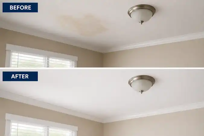 Before and after comparison of a water-stained ceiling and repaired ceiling