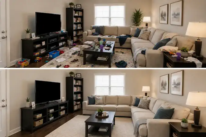 Before and after comparison of a cluttered living room and the same living room cleaned and organized