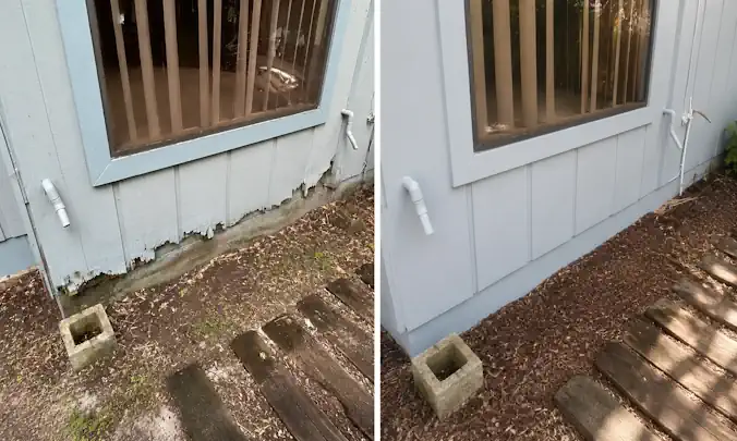 Before and after comparison of damaged exterior siding and completed siding repair