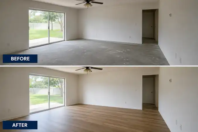 Before and after comparison of exposed concrete slab and new flooring