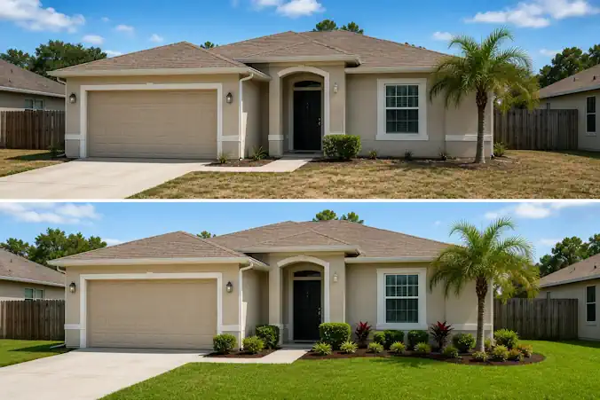 Before and after comparison of minimal landscaping and the same home with healthy grass, fresh mulch, and simple landscaping
