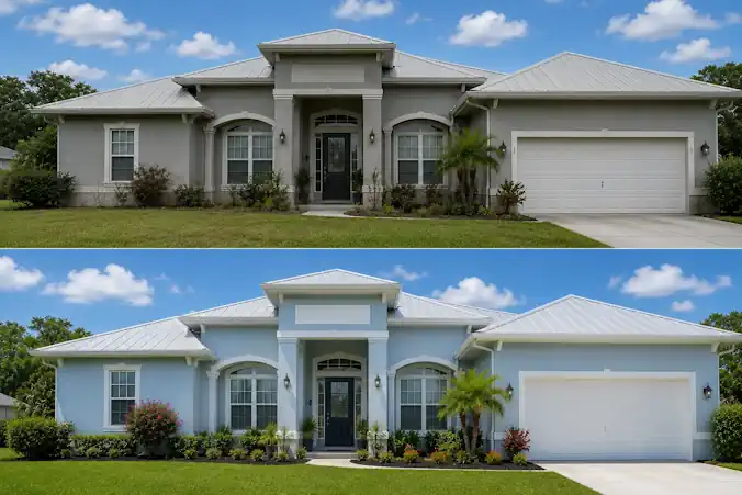 Before and after comparison of a beige home exterior and the same home freshly painted light blue