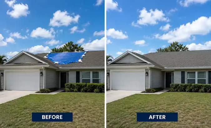 Before and after comparison of a tarped damaged roof and completed roof repair