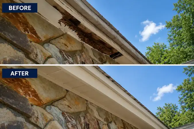 Before and after comparison of deteriorated wood soffits and repaired painted wood soffits